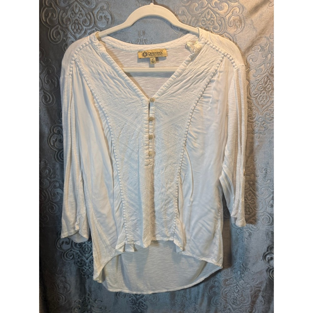 Democracy Womens White Boho Embroidered V-Neck Button Front Blouse Size Large